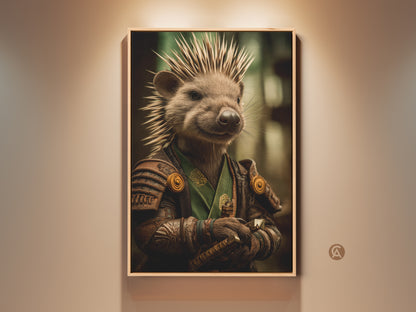 This Woodland Samurai Hedgehog art print makes a unique addition to any room. The fantasy animal warrior holds a katana. It is perfect green brown office wall decor for fantasy lovers and collectors.