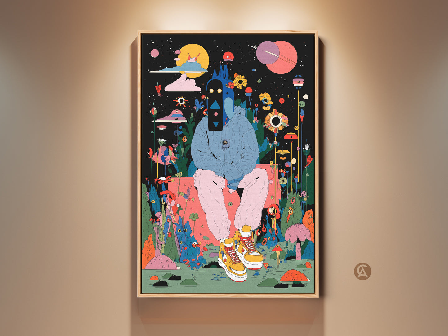 Framed art print. It features a figure in a surreal landscape. The artwork has a modern style. It is ready to hang. The frame enhances the colorful illustration. Buy now!