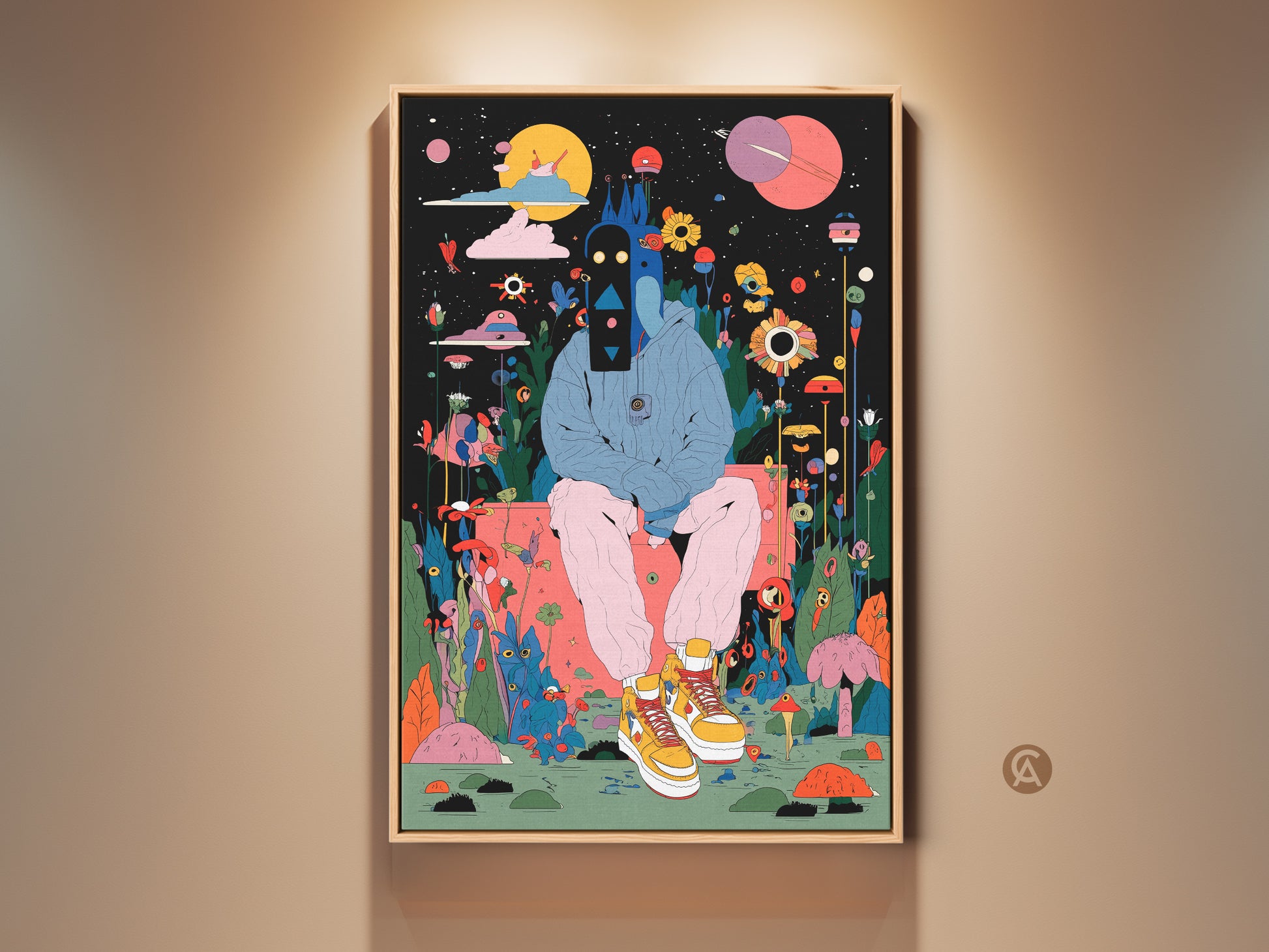 Framed art print. It features a figure in a surreal landscape. The artwork has a modern style. It is ready to hang. The frame enhances the colorful illustration. Buy now!