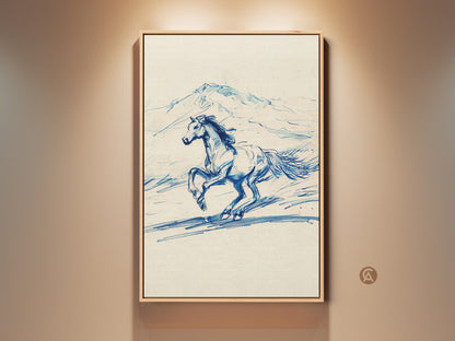 Rustic horse sketch art print in a wood frame displayed on a neutral wall. The blue line art features a running horse with a mountain backdrop. This equestrian landscape canvas adds a country style decor to any space making it an ideal bedroom art gift.
