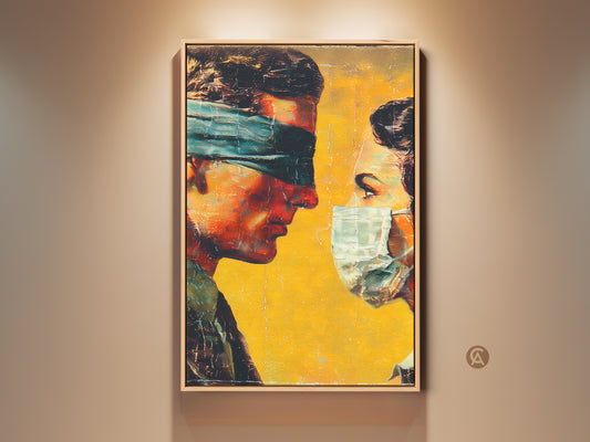 Gallery artwork featuring a man and woman. The man has a blindfold. The woman wears a mask. This canvas artwork explores themes of connection and uncertainty. This fine art print is a thought-provoking piece for any space.