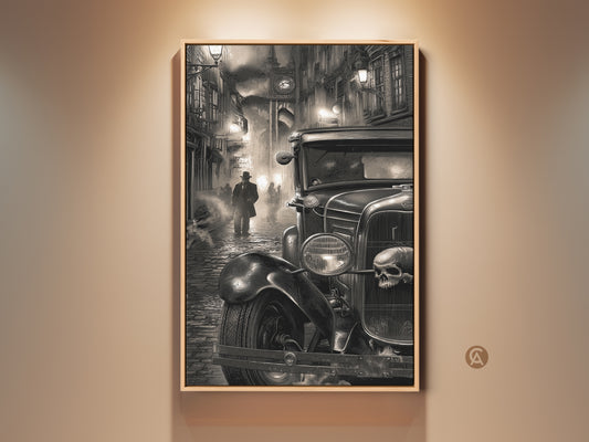 Black and white artwork featuring a vintage car parked on a foggy city street. A man in a fedora walks in the background. The car has a skull on its grill adding a gothic element. This framed art piece adds vintage charm to any room.