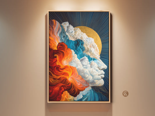 A mesmerizing cloud face artwork print. The artwork uses fire and ice elements. A golden sun shines in the background. This modern art piece is perfect for home decor or as a unique gift.