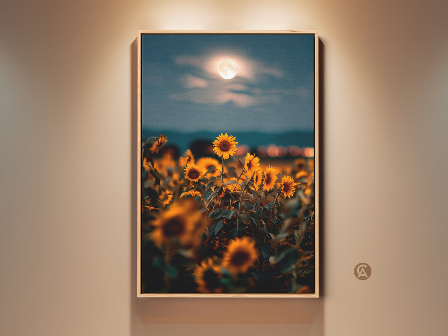 Boho sunflower moon canvas art in a floating frame. The artwork features a golden yellow and orange sunflower field under a full moon. This dreamy print adds warmth to any room and is perfect as a housewarming gift or a special present for grandma.