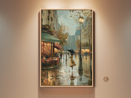 Impressionistic Paris cafe artwork on canvas. This rainy street scene wall decor features a woman with an umbrella. The cityscape canvas art print adds a contemporary European touch to your home. The brown blue and yellow artwork brings a vintage feel to your living room decor. This makes a thoughtful Francophile housewarming gift.