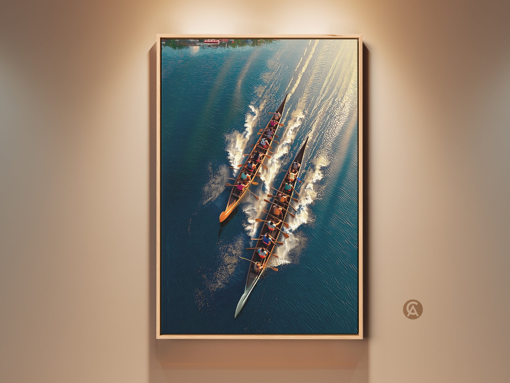 Teal blue and gold rowing team art print showcases a dynamic aerial view. This water sports canvas adds a modern touch to office wall decor. It embodies teamwork spirit. A perfect gift for rowers and enthusiasts. Enhance your space with this sophisticated sports artwork.