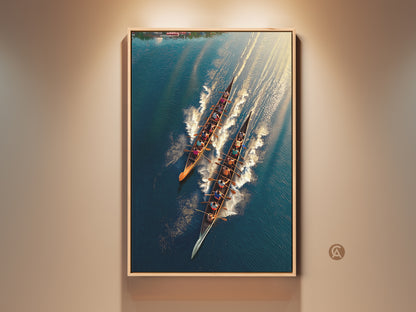 Teal blue and gold rowing team art print showcases a dynamic aerial view. This water sports canvas adds a modern touch to office wall decor. It embodies teamwork spirit. A perfect gift for rowers and enthusiasts. Enhance your space with this sophisticated sports artwork.