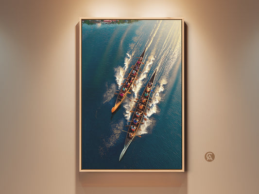 Teal blue and gold rowing team art print showcases a dynamic aerial view. This water sports canvas adds a modern touch to office wall decor. It embodies teamwork spirit. A perfect gift for rowers and enthusiasts. Enhance your space with this sophisticated sports artwork.
