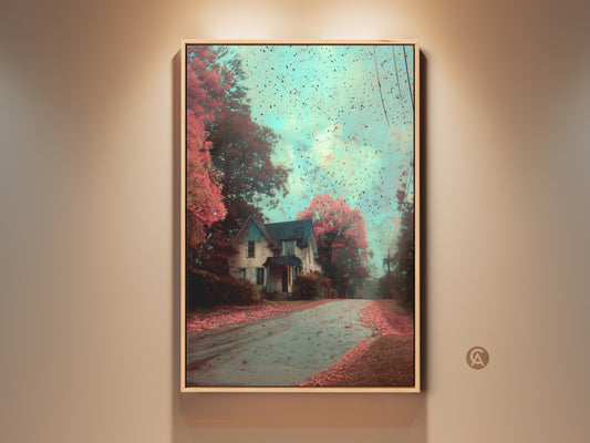 Eye-catching artwork of a house on a road with autumn leaves. The trees have pink leaves. The sky is an aqua color. Buy unique wall art for your home decor. This art is calming and serene.