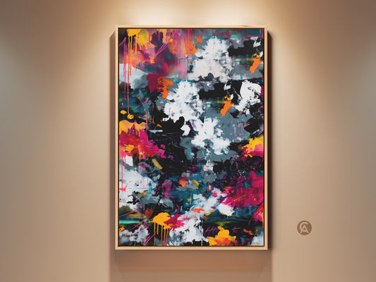 Modern abstract artwork in a wood frame hangs on a neutral wall. The painting features bold colors like pink orange and white. Splatters and drips add to the dynamic composition. Perfect for contemporary art collectors seeking vibrant wall decor.