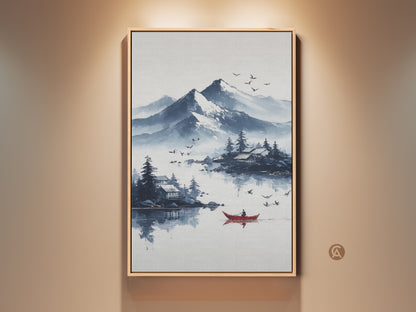 Framed ink wash mountain lake artwork with a red boat. This Scandinavian nature landscape canvas print brings peaceful home decor. The blue and white art is perfect for a bedroom. The wooden frame enhances its serene water scene. It's an ideal housewarming gift for a nature lover.