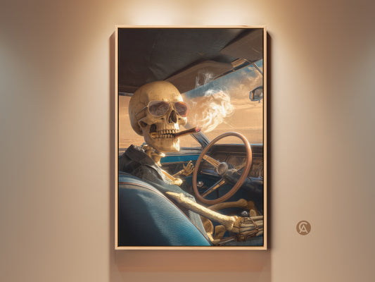 Framed art print of a skeleton driving a classic car. This artwork features a skeleton with sunglasses smoking a cigar. The skeleton art print adds a unique touch to any room.
