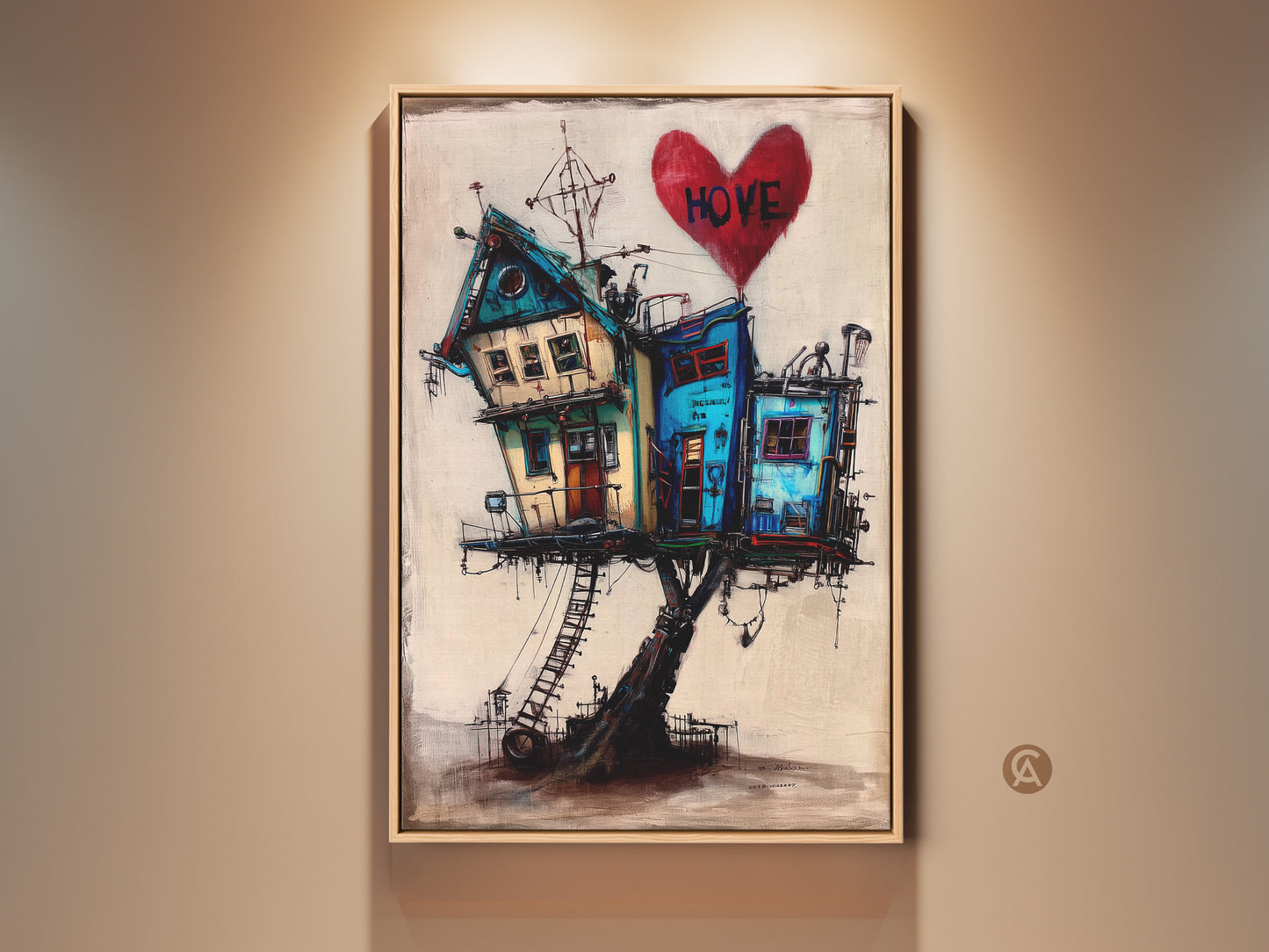Framed whimsical artwork shows a surreal house on stilts. A red heart with HOVE adorns the sky. Eclectic home decor art brings a unique touch. This vibrant piece enhances any living room with its quirky charm. It is perfect for art collectors and adds color to walls.