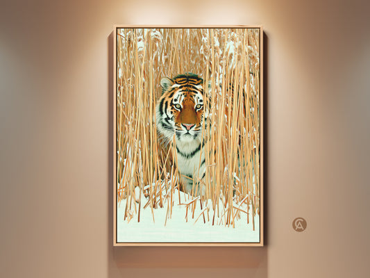 Rustic wildlife canvas print showcases a tiger in winter reeds. Realistic nature photography art features orange brown and gold tones. This majestic tiger peers through snow dusted reeds in its natural habitat. It is a Captivating focal point for rustic and nature-inspired interiors.