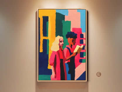 Contemporary people reading canvas art in a vibrant yellow pink and green palette. This abstract figurative wall art showcases a modern folk style. A unique colorful artwork complements modern and contemporary home decor for any room.