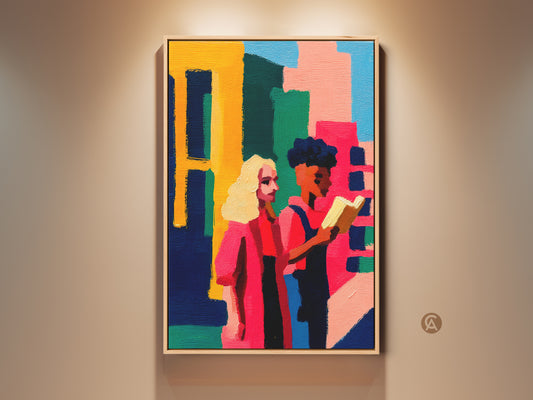 Contemporary people reading canvas art in a vibrant yellow pink and green palette. This abstract figurative wall art showcases a modern folk style. A unique colorful artwork complements modern and contemporary home decor for any room.