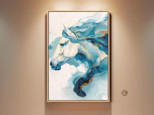 Framed Blue and Gold Abstract Horse Print. This equine canvas wall art features fluid art. A contemporary home decor piece adds modern sophistication. Perfect bedroom art or a unique gift for horse lovers.