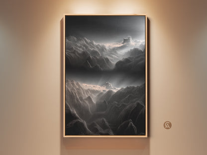 Modern minimalist mountain line art canvas print. The charcoal and pink clouds landscape wall art features a wood frame. This abstract nature artwork is a unique gift for hikers and outdoor lovers. It adds a serene touch to any room.