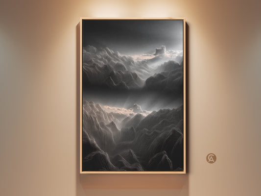 Modern minimalist mountain line art canvas print. The charcoal and pink clouds landscape wall art features a wood frame. This abstract nature artwork is a unique gift for hikers and outdoor lovers. It adds a serene touch to any room.
