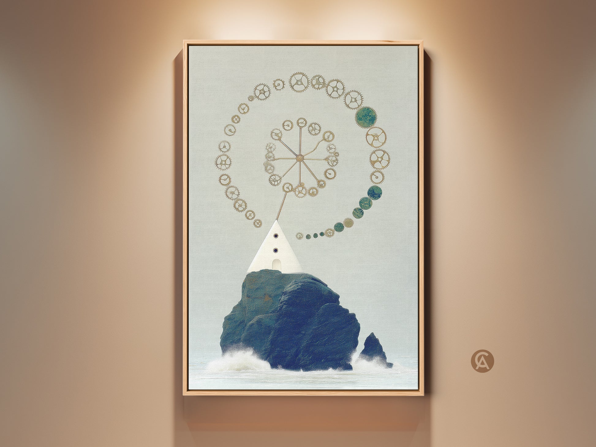Surreal steampunk lighthouse artwork. This eclectic nautical art print features gears and gold navy teal colors. The lighthouse stands on a rocky outcrop. A unique wall decor piece for your study or office. A perfect housewarming gift for him.