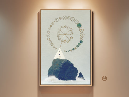 Surreal steampunk lighthouse artwork. This eclectic nautical art print features gears and gold navy teal colors. The lighthouse stands on a rocky outcrop. A unique wall decor piece for your study or office. A perfect housewarming gift for him.