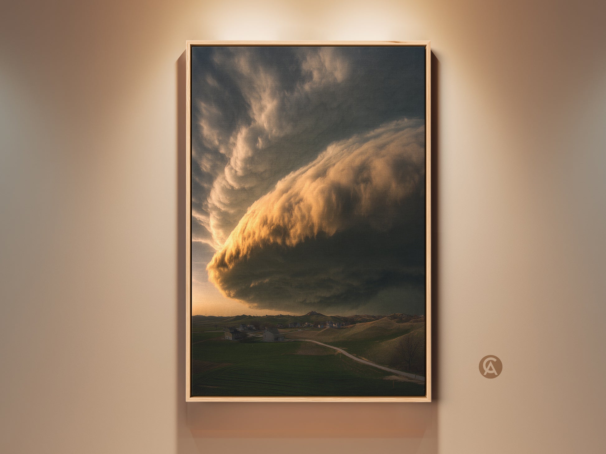 Framed Canvas Print showcasing dramatic stormy sky art. The golden yellow cloud canvas adds warmth to the green landscape wall art. This farmhouse decor brings nature into any room. A housewarming gift idea that captures cinematic weather art over an open field road.