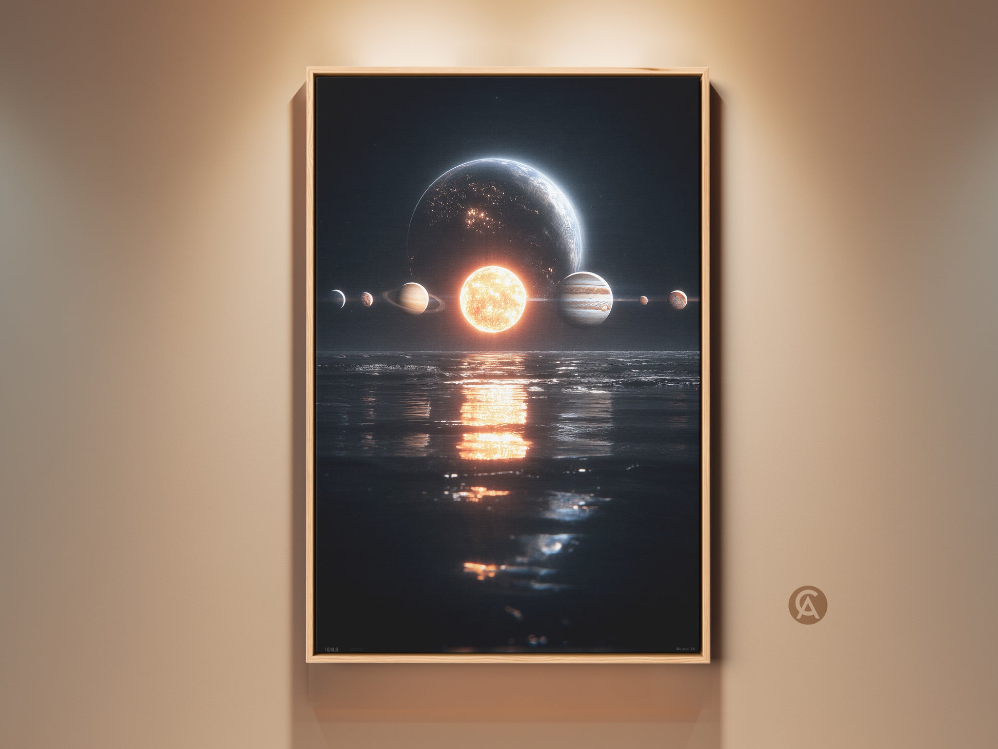 Framed solar system art piece hanging on a wall. The artwork depicts planets and a sun reflected in water. The frame is made of light brown wood. It is a stunning piece for space enthusiasts.