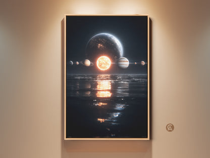 Framed solar system art piece hanging on a wall. The artwork depicts planets and a sun reflected in water. The frame is made of light brown wood. It is a stunning piece for space enthusiasts.