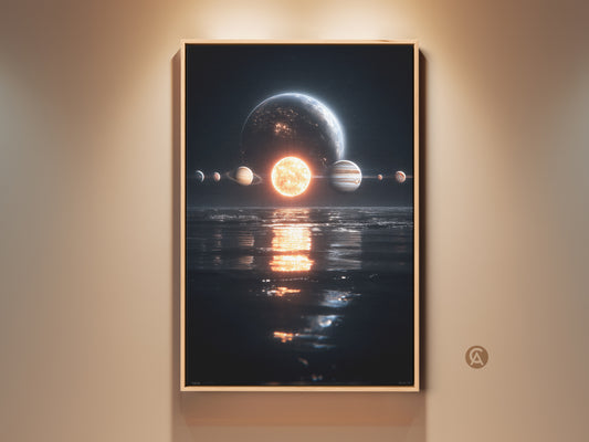 Framed solar system art piece hanging on a wall. The artwork depicts planets and a sun reflected in water. The frame is made of light brown wood. It is a stunning piece for space enthusiasts.