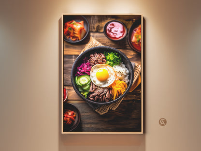 Realistic Bibimbap art print displayed in a contemporary frame. This Korean food photography captures a vibrant meal with beef vegetables and a fried egg. Perfect kitchen decor or a foodie housewarming gift showcasing Asian cuisine.