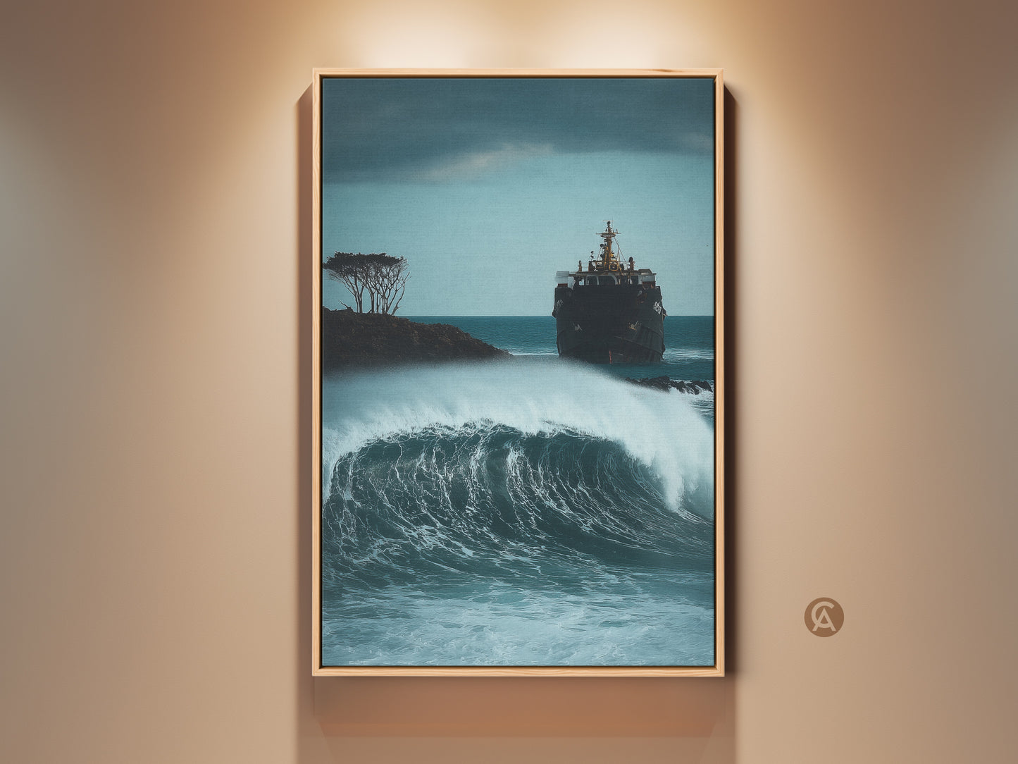 A framed canvas print displays stormy seas artwork. A shipwrecked vessel faces a massive wave. This nautical art features deep blue and gray tones. It's perfect coastal decor for an entryway.