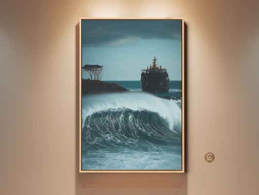 A framed canvas print displays stormy seas artwork. A shipwrecked vessel faces a massive wave. This nautical art features deep blue and gray tones. It's perfect coastal decor for an entryway.