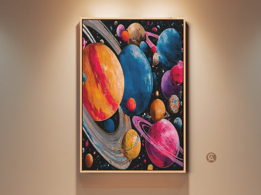 Framed galaxy nebula canvas art showcases an abstract space planets print. This surreal cosmos wall decor features orange pink and blue tones. A perfect sci-fi gift and bedroom art addition.