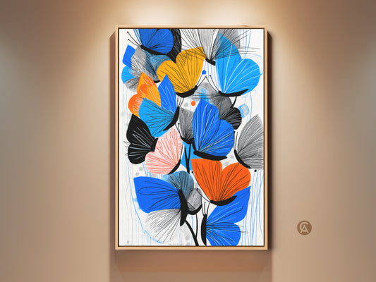 Modern abstract butterfly artwork framed on a neutral wall. This colorful art print features blue orange yellow floral elements. It is perfect for contemporary home decor. Add vibrant nature-inspired art to your living room or bedroom with this unique piece.