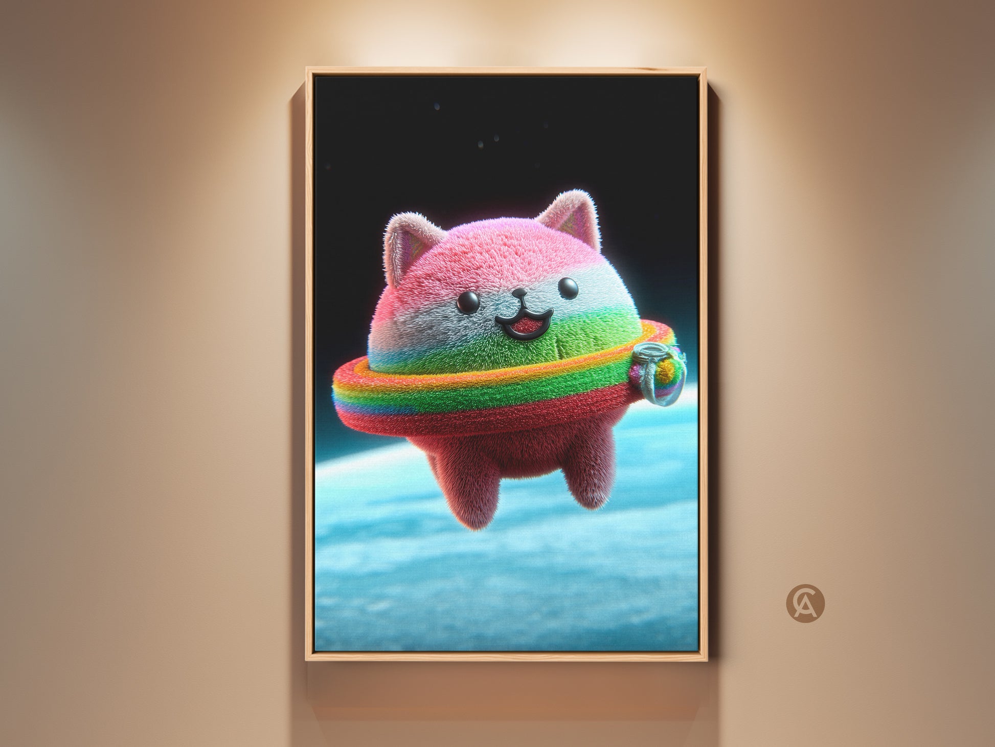 Charming fluffy cat soars through space in this Kawaii Cat Astronaut canvas art. It features a rainbow ring around the kitty. A perfect playful charm for kids room decor or a unique cat lover gift. The art style blends whimsical fantasy against a backdrop of stars and a blue planet.
