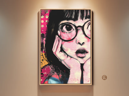 Framed anime girl portrait art in a living room setting. This retro pop art canvas features hot pink and yellow hues. This eclectic wall decor is a unique gift idea for anime fans. The graphic art print adds a bold artistic statement to any space. It's a perfect alternative art print for adding color to your home.