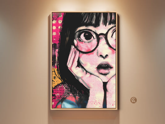 Framed anime girl portrait art in a living room setting. This retro pop art canvas features hot pink and yellow hues. This eclectic wall decor is a unique gift idea for anime fans. The graphic art print adds a bold artistic statement to any space. It's a perfect alternative art print for adding color to your home.