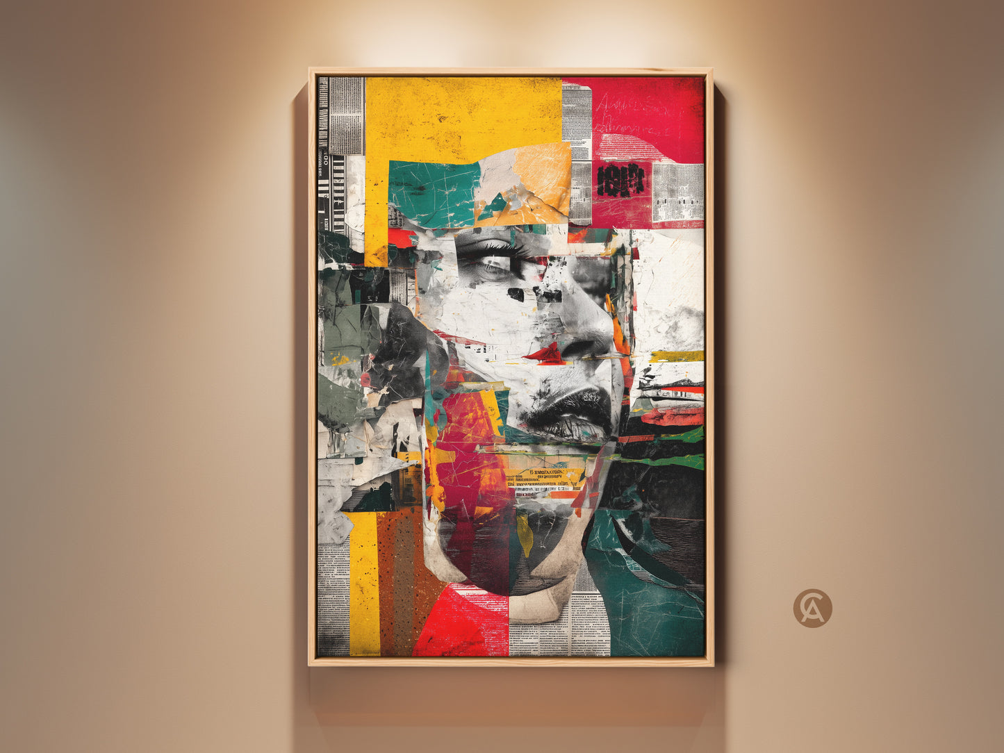 Framed abstract woman face canvas art. It features red yellow teal geometric print. This eclectic collage wall decor is an urban portrait artwork. A mixed media art print for home.