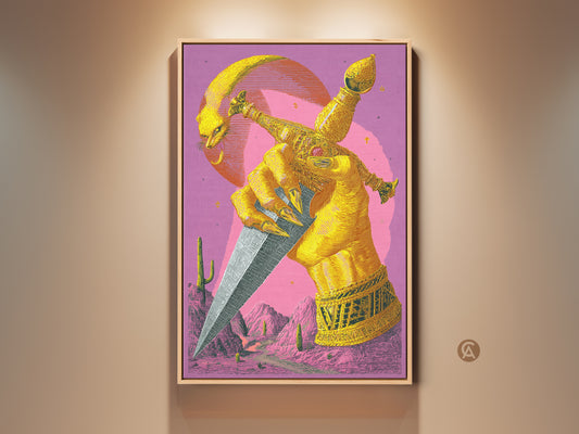 Framed golden serpent dagger art print. A surreal fantasy wall art piece with an eclectic office decor vibe. The artwork features a pink and gold aesthetic poster in a warm-toned room. Perfect for mythology art lovers seeking unique fantasy artwork.