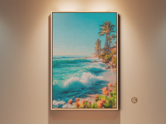 Framed canvas art print showcasing a vibrant tropical beach scene. Turquoise waves crash against the shore near palm trees. This gallery-wrapped artwork adds a touch of paradise to any room. Perfect for coastal decor enthusiasts.