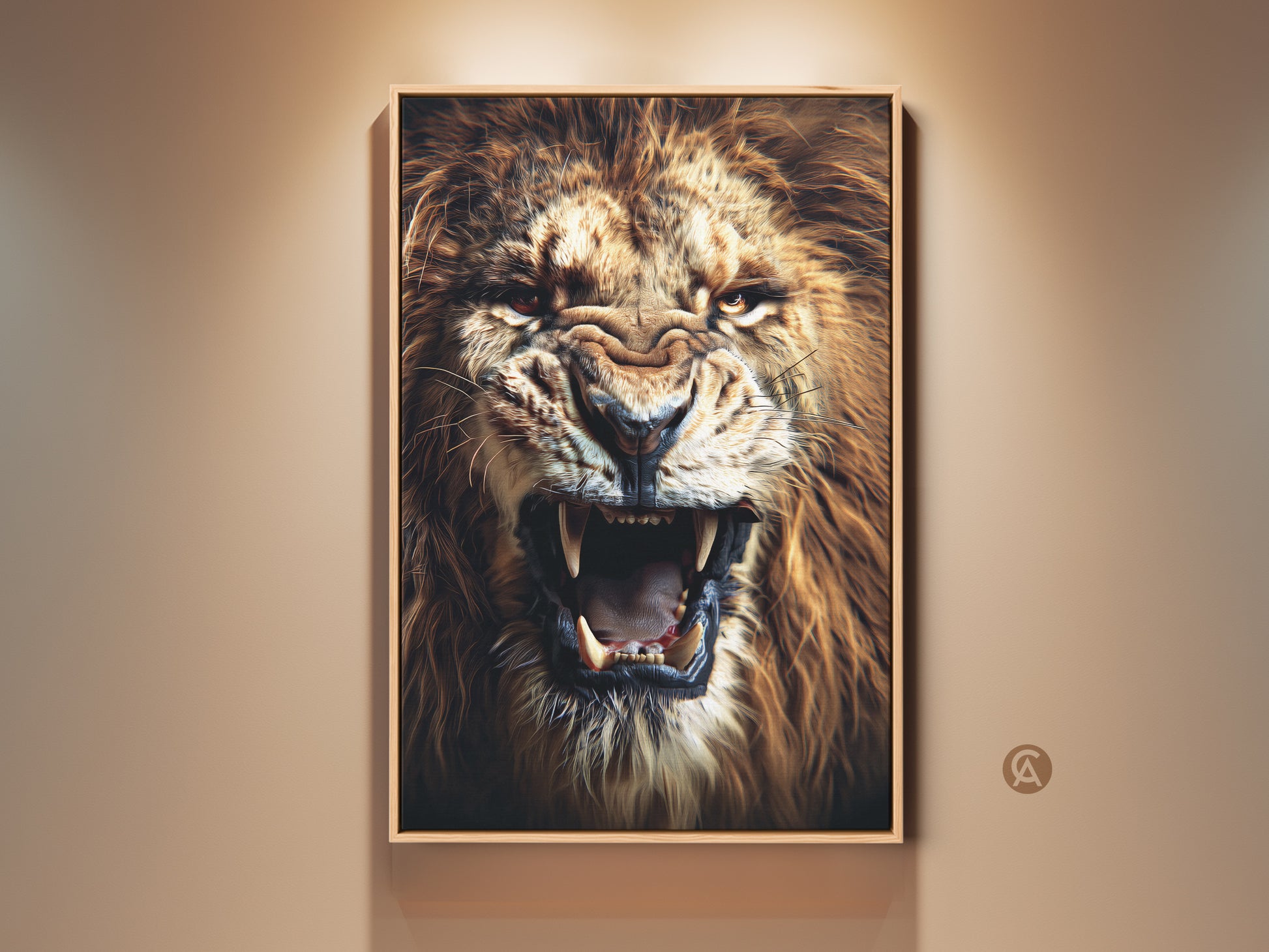 A hyper-realistic roaring lion canvas art is displayed in a modern room. The King of the Jungle artwork brings a bold element to any space. It's a perfect wall decor for wildlife art lovers. The fierce animal artwork makes a memorable gift for him.