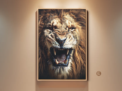 A hyper-realistic roaring lion canvas art is displayed in a modern room. The King of the Jungle artwork brings a bold element to any space. It's a perfect wall decor for wildlife art lovers. The fierce animal artwork makes a memorable gift for him.