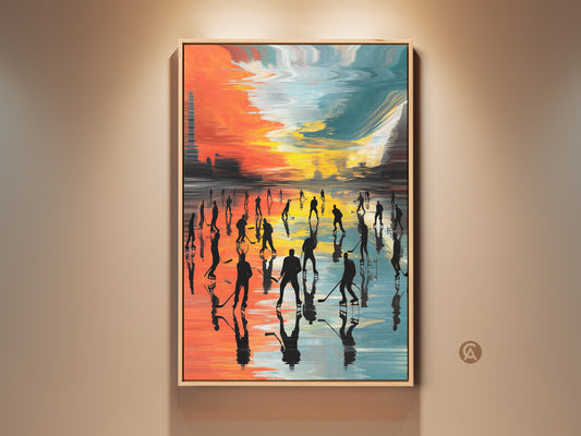 Modern abstract hockey canvas print featuring an ice arena scene. The artwork has orange teal and yellow hues. Silhouetted players evoke dynamic action making this sports art energetic. It's a great gift for hockey fans and man cave decor.