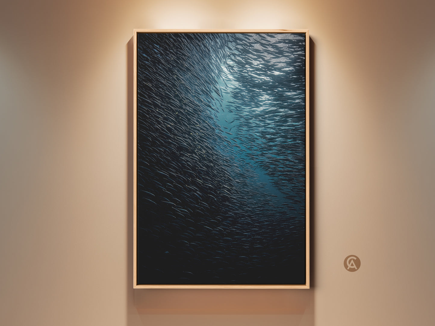 Teal blue ocean photography print in a wooden frame. This coastal wall art captures a school of fish underwater. It's a deep sea wildlife canvas perfect as a housewarming gift bringing the tranquility of marine life to any room.