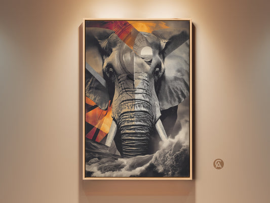Close-up of a framed abstract elephant canvas art piece. The artwork features a modern collage style with geometric patterns. It is a nature-inspired piece perfect for study room wall decor. The color palette is monochrome with subtle orange and yellow accents adding a touch of warmth.