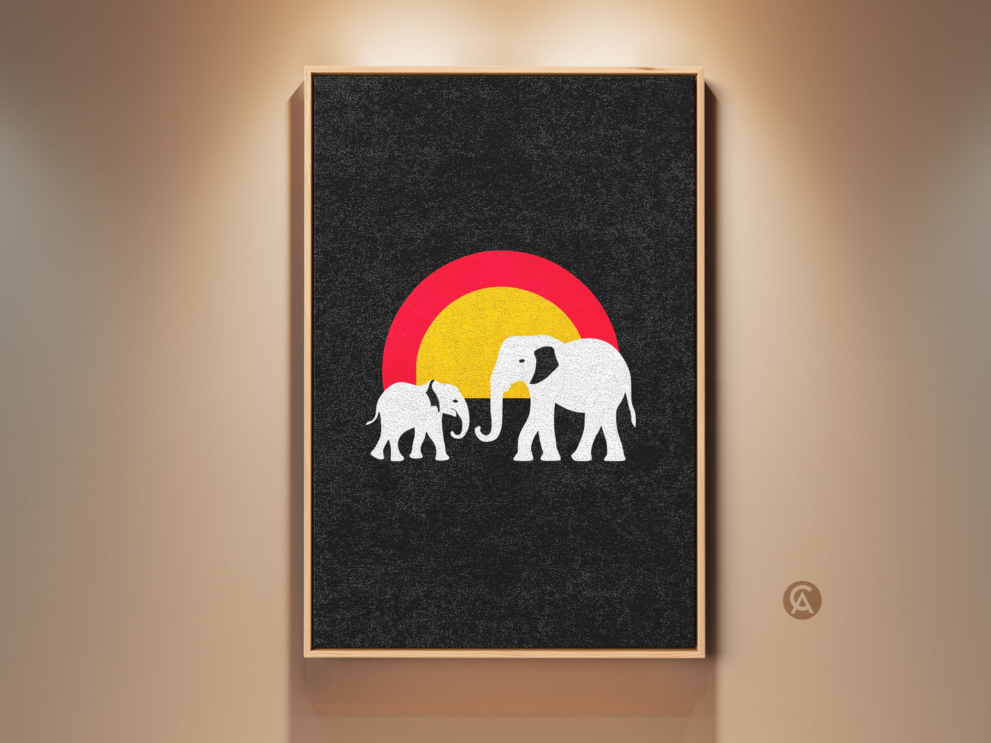 Framed minimalist elephant art print. This eclectic piece features a mother and baby elephant. An abstract sun sets against a textured black backdrop. A striking wildlife wall art for a modern entryway or nursery.