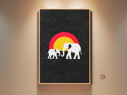 Framed minimalist elephant art print. This eclectic piece features a mother and baby elephant. An abstract sun sets against a textured black backdrop. A striking wildlife wall art for a modern entryway or nursery.