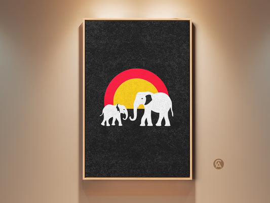 Framed minimalist elephant art print. This eclectic piece features a mother and baby elephant. An abstract sun sets against a textured black backdrop. A striking wildlife wall art for a modern entryway or nursery.