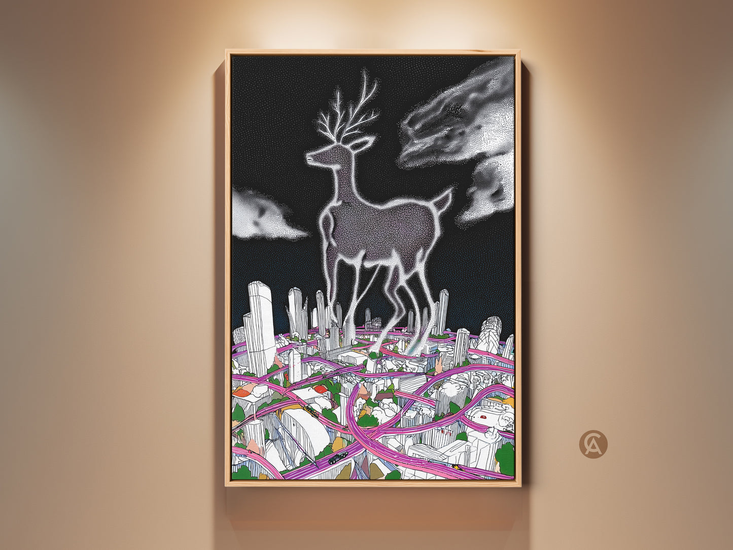 Surreal Deer Cityscape Art Print on display. This modern artwork features a deer over a detailed cityscape. The black and white with pink line art creates a contemporary style. It is a unique home decor piece that blends animal and urban themes.