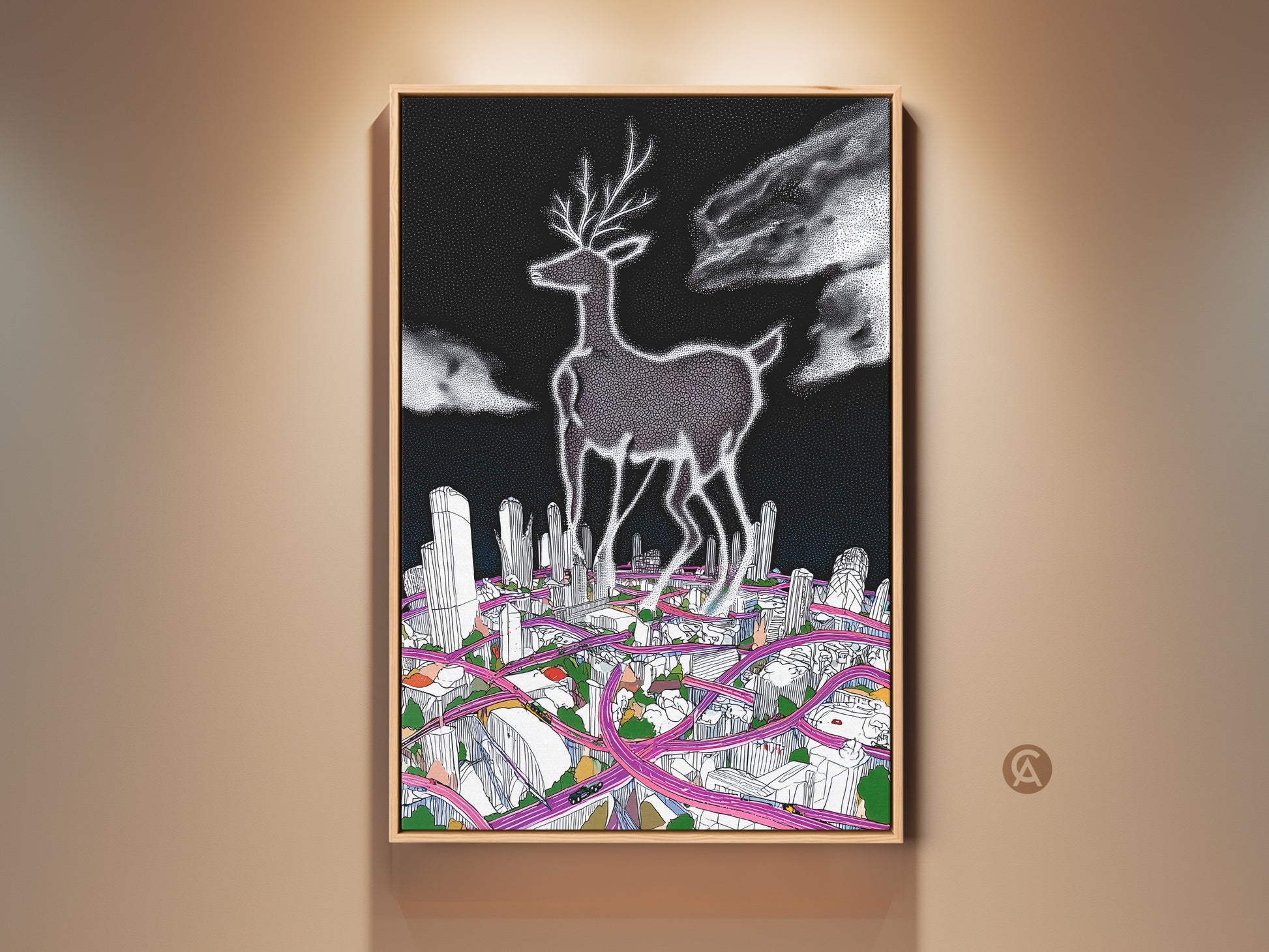 Surreal Deer Cityscape Art Print on display. This modern artwork features a deer over a detailed cityscape. The black and white with pink line art creates a contemporary style. It is a unique home decor piece that blends animal and urban themes.